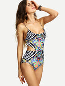 Tribal<b style="color:White;"><font size="1"> -</font></b>Print<b style="color:White;"><font size="1"> -</font></b>Lace-up One Piece Swimsuit