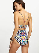 Tribal<b style="color:White;"><font size="1"> -</font></b>Print<b style="color:White;"><font size="1"> -</font></b>Lace-up One Piece Swimsuit