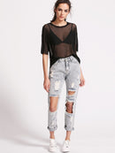 Drop<b style="color:White;"><font size="1"> -</font></b>Shoulder Boxy Sheer Mesh Top