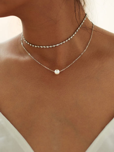 Faux<b style="color:White;"><font size="1"> -</font></b>Pearl<b style="color:White;"><font size="1"> -</font></b>Pendant Rhinestone Choker Necklace 2pcs