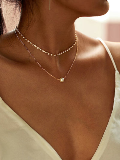 Faux<b style="color:White;"><font size="1"> -</font></b>Pearl<b style="color:White;"><font size="1"> -</font></b>Pendant Rhinestone Choker Necklace 2pcs