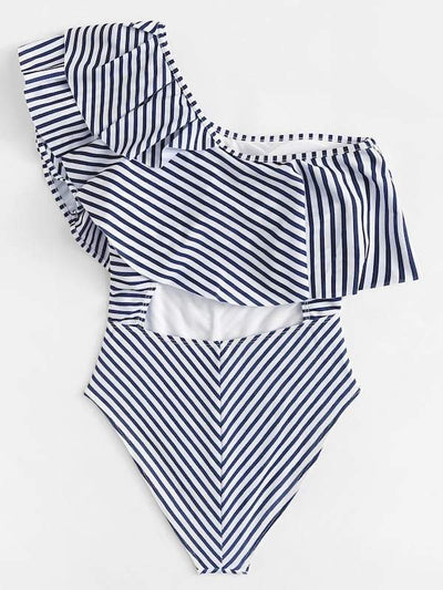 Striped<b style="color:White;"><font size="1"> -</font></b>One<b style="color:White;"><font size="1"> -</font></b>Shoulder Flounce One Piece Swimwear