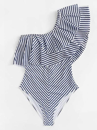 Striped<b style="color:White;"><font size="1"> -</font></b>One<b style="color:White;"><font size="1"> -</font></b>Shoulder Flounce One Piece Swimwear