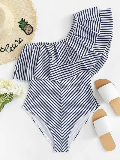 Striped<b style="color:White;"><font size="1"> -</font></b>One<b style="color:White;"><font size="1"> -</font></b>Shoulder Flounce One Piece Swimwear