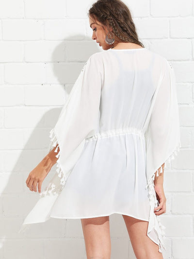 Lace<b style="color:White;"><font size="1"> -</font></b>Insert<b style="color:White;"><font size="1"> -</font></b>Tassel Trim Drawstring Waist Kimono