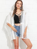 Lace<b style="color:White;"><font size="1"> -</font></b>Insert<b style="color:White;"><font size="1"> -</font></b>Tassel Trim Drawstring Waist Kimono