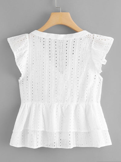 Button<b style="color:White;"><font size="1"> -</font></b>Through Schiffy Peplum Top