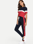 Color-block<b style="color:White;"><font size="1"> -</font></b>Tee<b style="color:White;"><font size="1"> -</font></b>& Drawstring Waist Pants Set