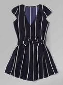 Vertical Striped Surplice Romper With Belt