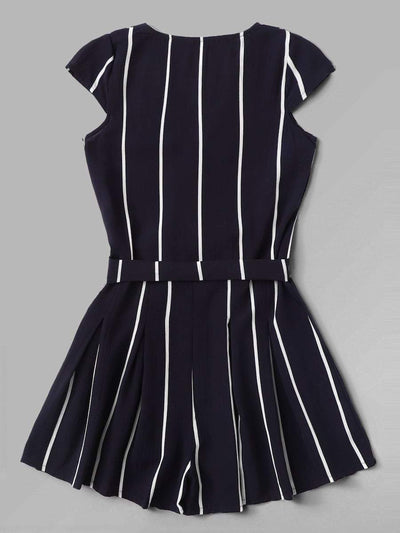 Vertical Striped Surplice Romper With Belt