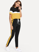 Color-block<b style="color:White;"><font size="1"> -</font></b>Tee<b style="color:White;"><font size="1"> -</font></b>& Drawstring Waist Pants Set