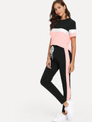 Color-block<b style="color:White;"><font size="1"> -</font></b>Tee<b style="color:White;"><font size="1"> -</font></b>& Drawstring Waist Pants Set