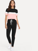 Color-block<b style="color:White;"><font size="1"> -</font></b>Tee<b style="color:White;"><font size="1"> -</font></b>& Drawstring Waist Pants Set