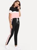 Color-block<b style="color:White;"><font size="1"> -</font></b>Tee<b style="color:White;"><font size="1"> -</font></b>& Drawstring Waist Pants Set