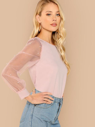 Pearl<b style="color:White;"><font size="1"> -</font></b>Beaded<b style="color:White;"><font size="1"> -</font></b>Sheer Mesh Sleeve Top