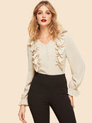 70s<b style="color:White;"><font size="1"> -</font></b>Ruffle<b style="color:White;"><font size="1"> -</font></b>Trim Covered Button Blouse