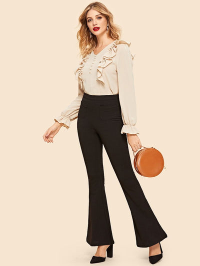 70s<b style="color:White;"><font size="1"> -</font></b>Ruffle<b style="color:White;"><font size="1"> -</font></b>Trim Covered Button Blouse