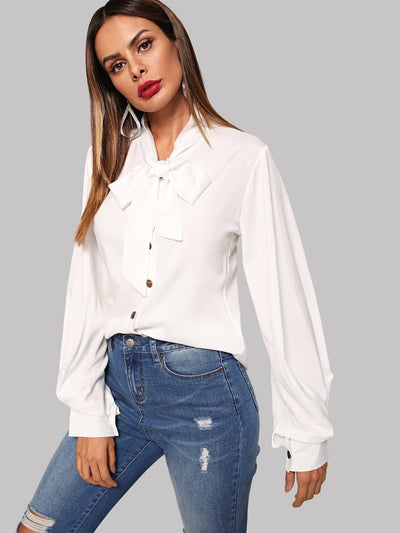 Single<b style="color:White;"><font size="1"> -</font></b>Breasted Tie Neck Blouse