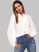 Single<b style="color:White;"><font size="1"> -</font></b>Breasted Tie Neck Blouse