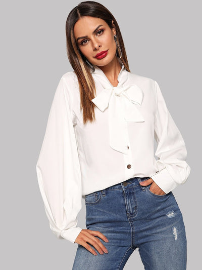 Single<b style="color:White;"><font size="1"> -</font></b>Breasted Tie Neck Blouse