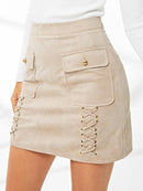 Lace<b style="color:White;"><font size="1"> -</font></b>Up<b style="color:White;"><font size="1"> -</font></b>Detail Flap Pocket Suede Skirt