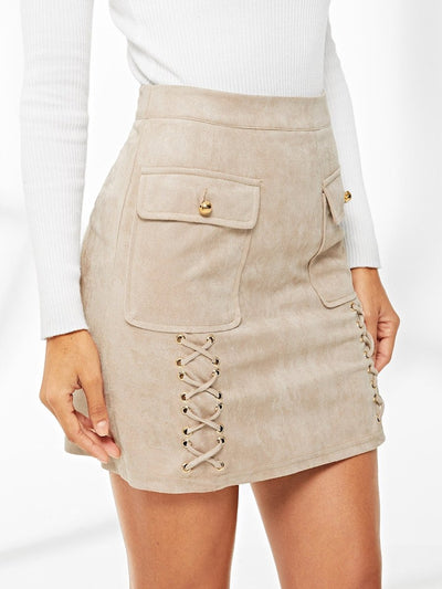 Lace<b style="color:White;"><font size="1"> -</font></b>Up<b style="color:White;"><font size="1"> -</font></b>Detail Flap Pocket Suede Skirt