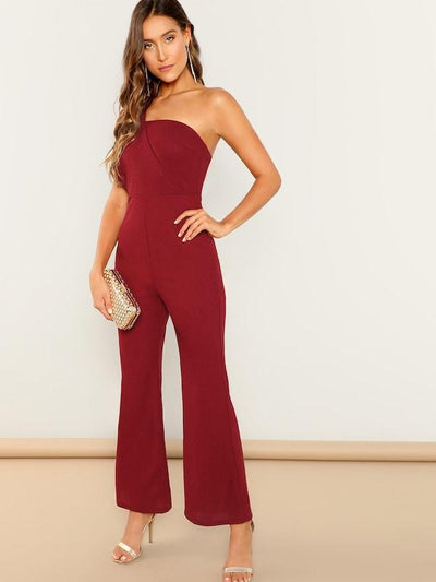 Asymmetrical<b style="color:White;"><font size="1"> -</font></b>Neck Solid Textured Jumpsuit