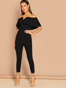 Flounce<b style="color:White;"><font size="1"> -</font></b>Foldover<b style="color:White;"><font size="1"> -</font></b>Front Off Shoulder Skinny Jumpsuit