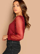 Pearl<b style="color:White;"><font size="1"> -</font></b>Beaded<b style="color:White;"><font size="1"> -</font></b>Sheer Mesh Sleeve Top