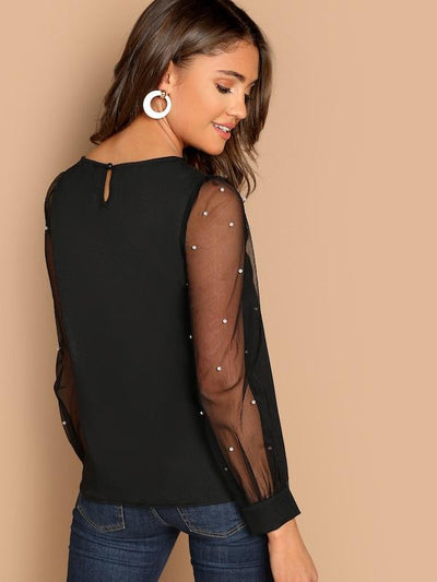 Pearl<b style="color:White;"><font size="1"> -</font></b>Beaded<b style="color:White;"><font size="1"> -</font></b>Sheer Mesh Sleeve Top