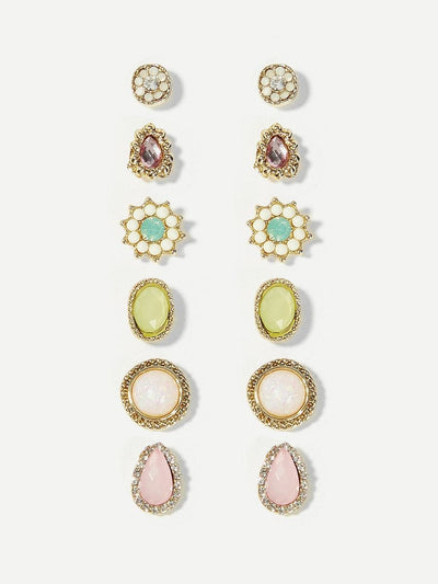 Flower<b style="color:White;"><font size="1"> -</font></b>&<b style="color:White;"><font size="1"> -</font></b>Oval Gemstone Stud Earrings 6pairs