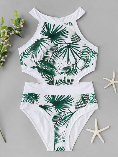 Leaf<b style="color:White;"><font size="1"> -</font></b>Print<b style="color:White;"><font size="1"> -</font></b>Piping Contrast Cutout Side Monokini