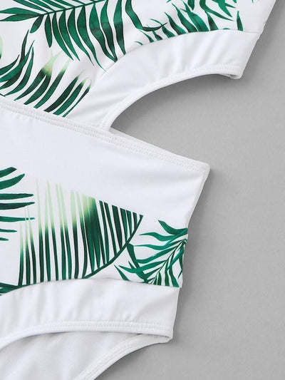 Leaf<b style="color:White;"><font size="1"> -</font></b>Print<b style="color:White;"><font size="1"> -</font></b>Piping Contrast Cutout Side Monokini