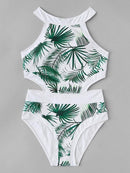 Leaf<b style="color:White;"><font size="1"> -</font></b>Print<b style="color:White;"><font size="1"> -</font></b>Piping Contrast Cutout Side Monokini