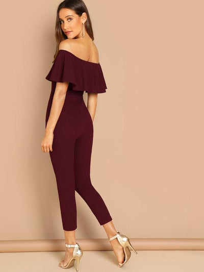 Flounce<b style="color:White;"><font size="1"> -</font></b>Foldover<b style="color:White;"><font size="1"> -</font></b>Front Off Shoulder Skinny Jumpsuit