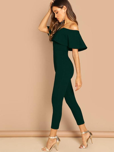 Flounce<b style="color:White;"><font size="1"> -</font></b>Foldover<b style="color:White;"><font size="1"> -</font></b>Front Off Shoulder Skinny Jumpsuit