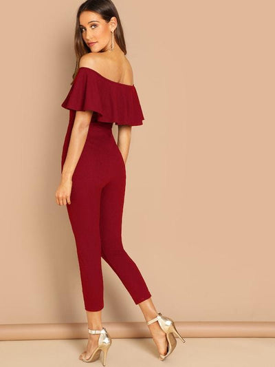 Flounce<b style="color:White;"><font size="1"> -</font></b>Foldover<b style="color:White;"><font size="1"> -</font></b>Front Off Shoulder Skinny Jumpsuit