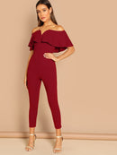 Flounce<b style="color:White;"><font size="1"> -</font></b>Foldover<b style="color:White;"><font size="1"> -</font></b>Front Off Shoulder Skinny Jumpsuit