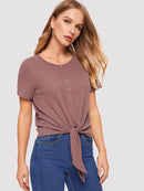 Button<b style="color:White;"><font size="1"> -</font></b>Front<b style="color:White;"><font size="1"> -</font></b>Knot Hem Waffle Knit Tee