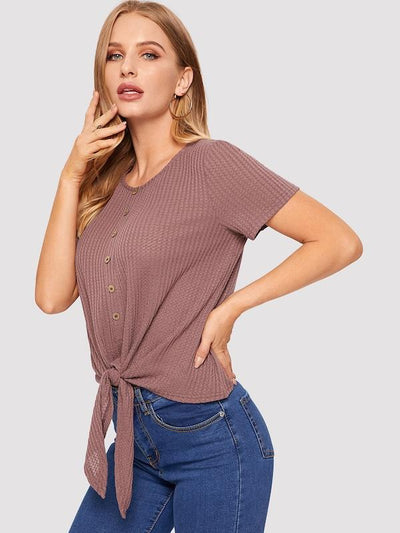 Button<b style="color:White;"><font size="1"> -</font></b>Front<b style="color:White;"><font size="1"> -</font></b>Knot Hem Waffle Knit Tee