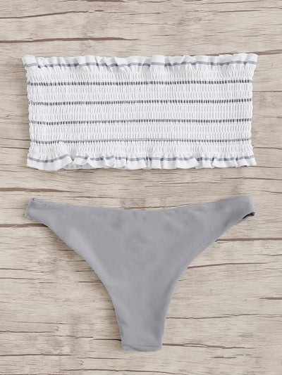 Striped<b style="color:White;"><font size="1"> -</font></b>Smocked<b style="color:White;"><font size="1"> -</font></b>Bandeau With Hipster Bikini Set