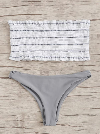 Striped<b style="color:White;"><font size="1"> -</font></b>Smocked<b style="color:White;"><font size="1"> -</font></b>Bandeau With Hipster Bikini Set