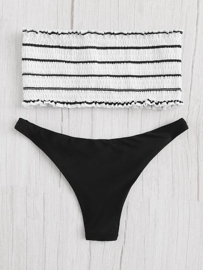 Striped<b style="color:White;"><font size="1"> -</font></b>Smocked<b style="color:White;"><font size="1"> -</font></b>Bandeau With Hipster Bikini Set