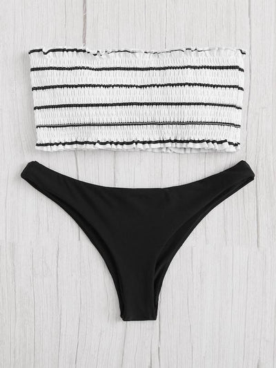 Striped<b style="color:White;"><font size="1"> -</font></b>Smocked<b style="color:White;"><font size="1"> -</font></b>Bandeau With Hipster Bikini Set