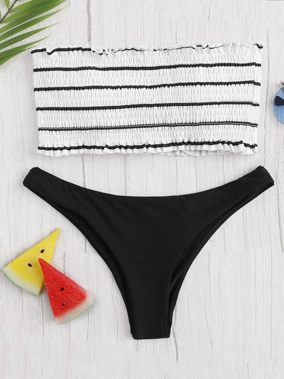 Striped<b style="color:White;"><font size="1"> -</font></b>Smocked<b style="color:White;"><font size="1"> -</font></b>Bandeau With Hipster Bikini Set