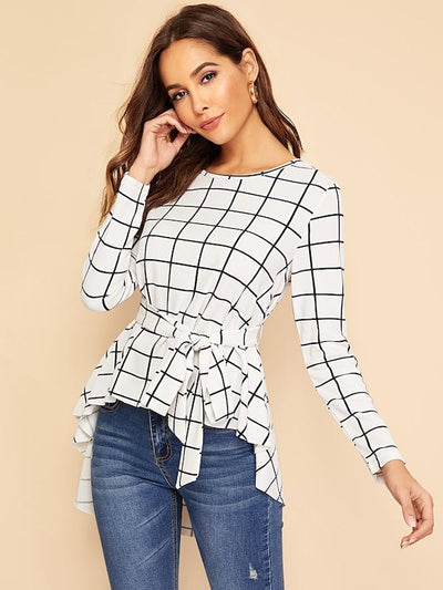 Self<b style="color:White;"><font size="1"> -</font></b>Belted<b style="color:White;"><font size="1"> -</font></b>Asymmetrical Hem Grid Top