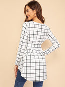 Self<b style="color:White;"><font size="1"> -</font></b>Belted<b style="color:White;"><font size="1"> -</font></b>Asymmetrical Hem Grid Top