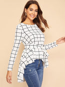 Self<b style="color:White;"><font size="1"> -</font></b>Belted<b style="color:White;"><font size="1"> -</font></b>Asymmetrical Hem Grid Top