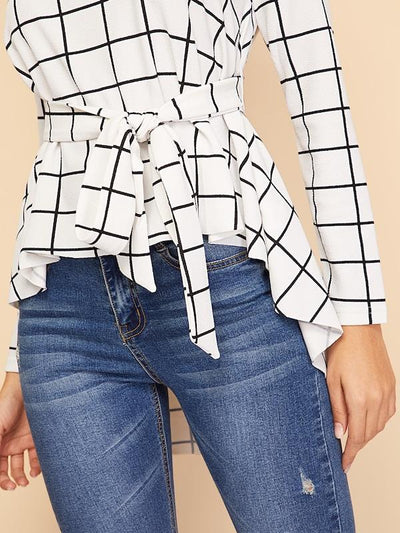 Self<b style="color:White;"><font size="1"> -</font></b>Belted<b style="color:White;"><font size="1"> -</font></b>Asymmetrical Hem Grid Top