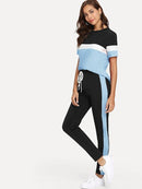 Color-block<b style="color:White;"><font size="1"> -</font></b>Tee<b style="color:White;"><font size="1"> -</font></b>& Drawstring Waist Pants Set